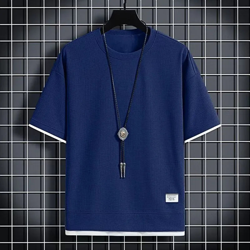 Men's Summer Waffle Knit T-Shirt – Casual Solid Color Short Sleeve Tee, Lightweight & Stylish Round Neck Top