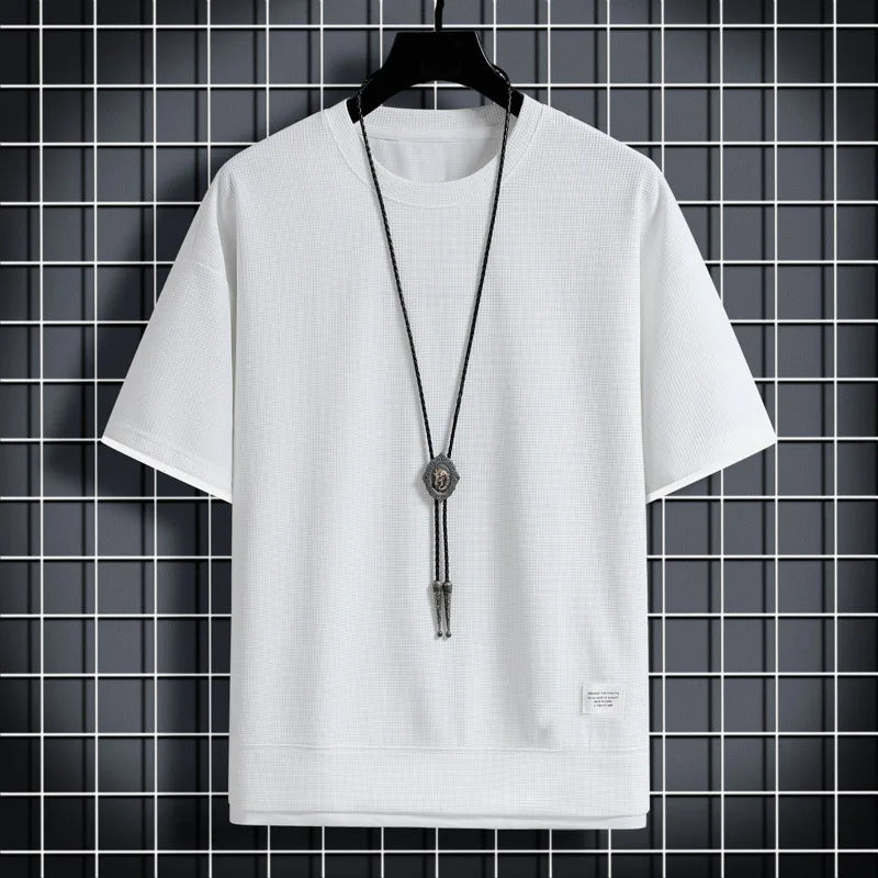 Men's Summer Waffle Knit T-Shirt – Casual Solid Color Short Sleeve Tee, Lightweight & Stylish Round Neck Top