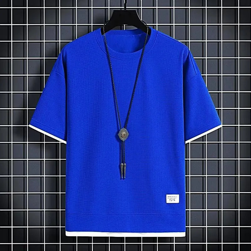 Men's Summer Waffle Knit T-Shirt – Casual Solid Color Short Sleeve Tee, Lightweight & Stylish Round Neck Top