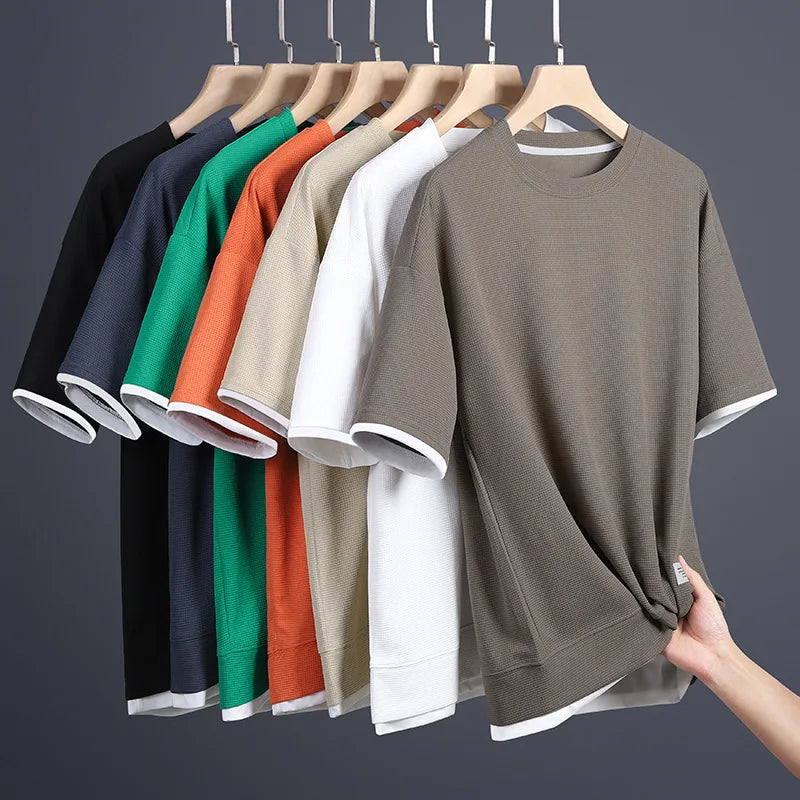 Men's Summer Waffle Knit T-Shirt – Casual Solid Color Short Sleeve Tee, Lightweight & Stylish Round Neck Top