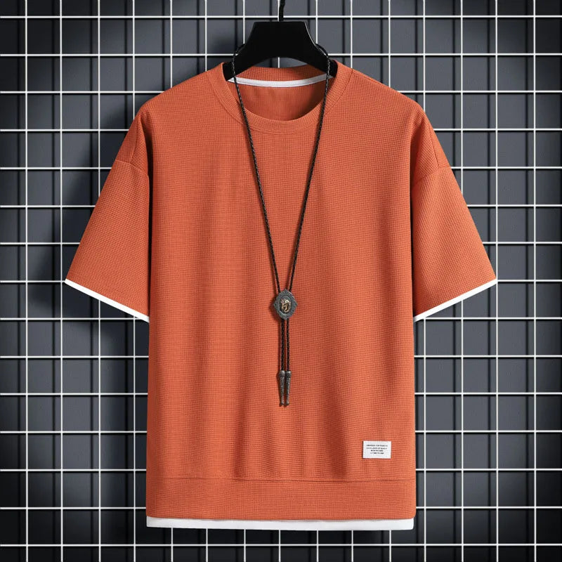 Men's Summer Waffle Knit T-Shirt – Casual Solid Color Short Sleeve Tee, Lightweight & Stylish Round Neck Top