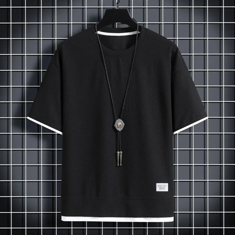 Men's Summer Waffle Knit T-Shirt – Casual Solid Color Short Sleeve Tee, Lightweight & Stylish Round Neck Top