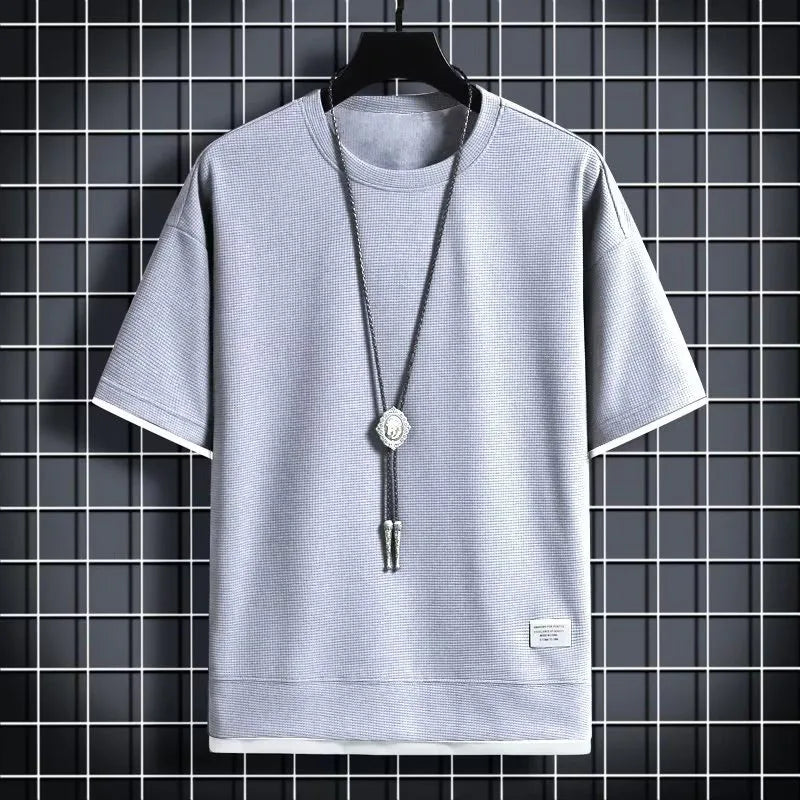 Men's Summer Waffle Knit T-Shirt – Casual Solid Color Short Sleeve Tee, Lightweight & Stylish Round Neck Top