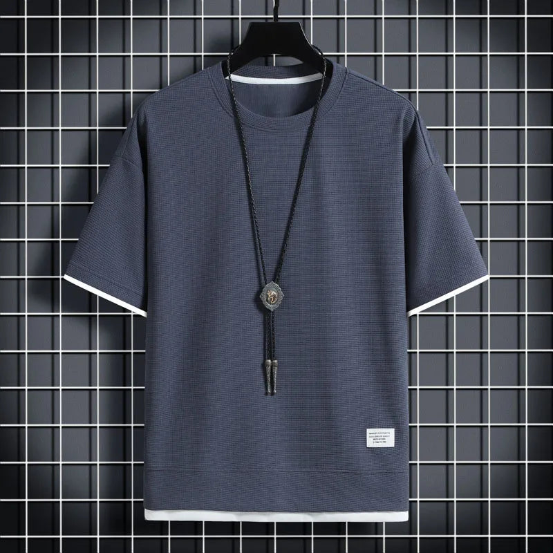 Men's Summer Waffle Knit T-Shirt – Casual Solid Color Short Sleeve Tee, Lightweight & Stylish Round Neck Top