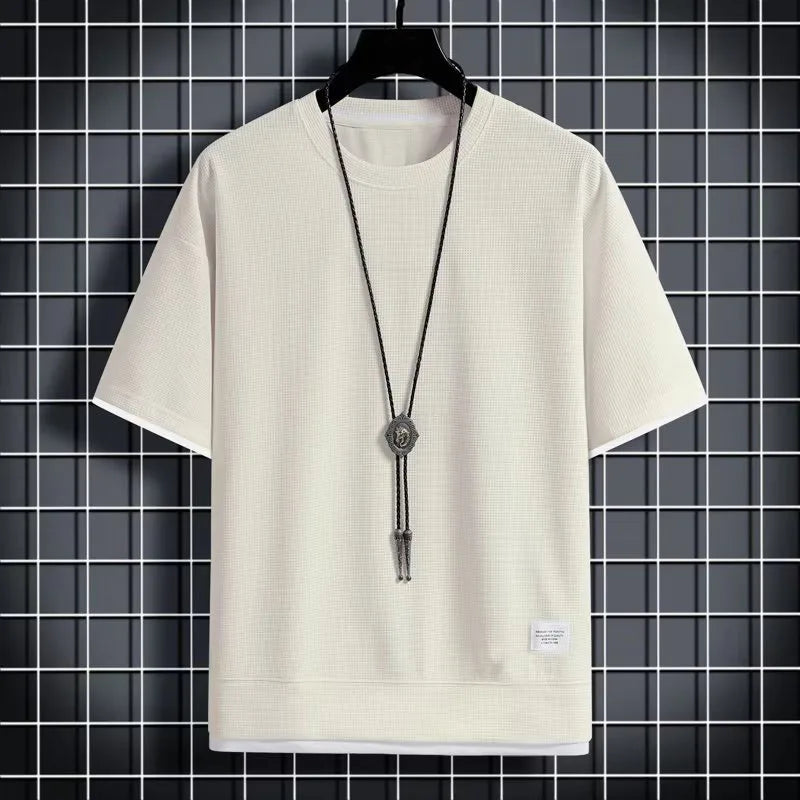 Men's Summer Waffle Knit T-Shirt – Casual Solid Color Short Sleeve Tee, Lightweight & Stylish Round Neck Top