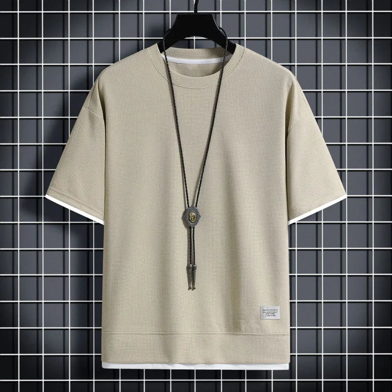 Men's Summer Waffle Knit T-Shirt – Casual Solid Color Short Sleeve Tee, Lightweight & Stylish Round Neck Top